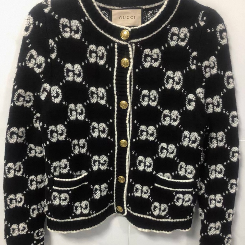 Gucci Black and White Patterned Blazer with Gold Accents